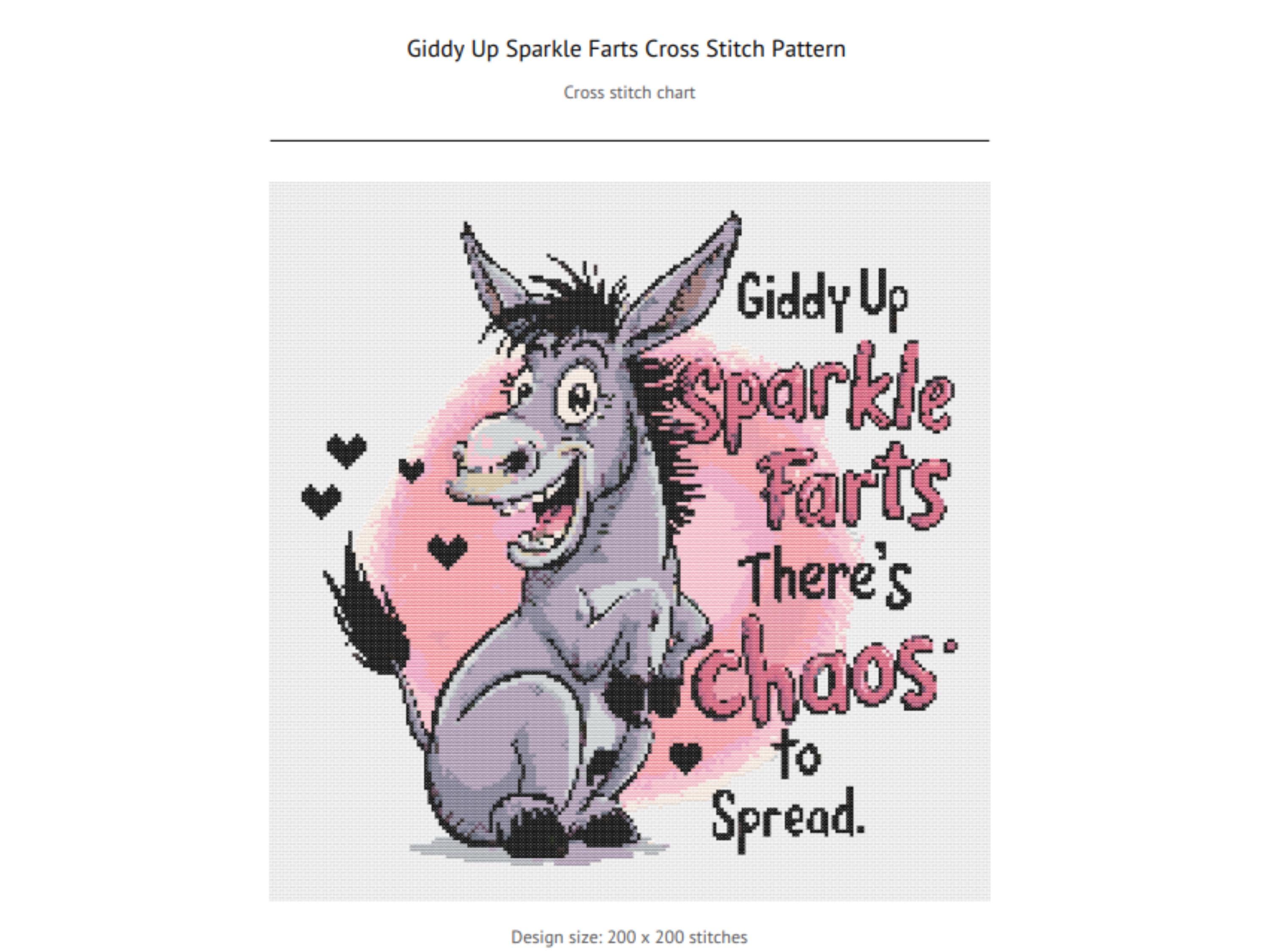 Cross Stitch Pattern  - Giddy Up Sparkle Farts, Funny Subversive Cross Stitch Design. Snarky Saying. Cheeky Humor for Cross Stitch Lovers - Thumbnail 4