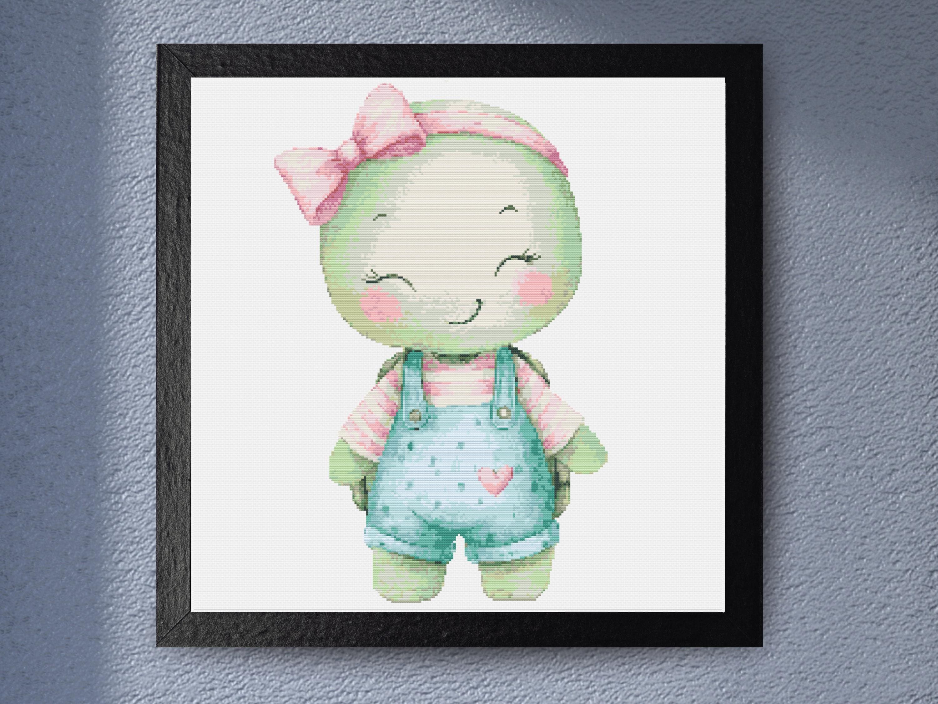 Turtle in Overalls - Adorable Green Baby Turtle in Denim Romper 