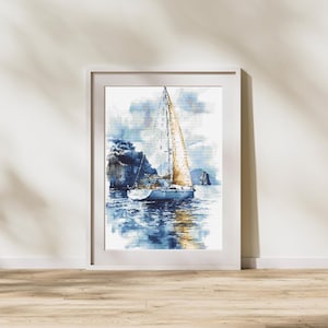May include: A watercolor painting of a sailboat with a white hull and a yellow sail, sailing on a blue body of water with a rocky island in the background.