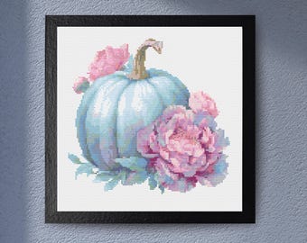 Elegant Blue Pumpkin and Peony Cross Stitch Pattern – Pastel Autumn Floral Embroidery PDF for Fall Decor and Halloween Elegance