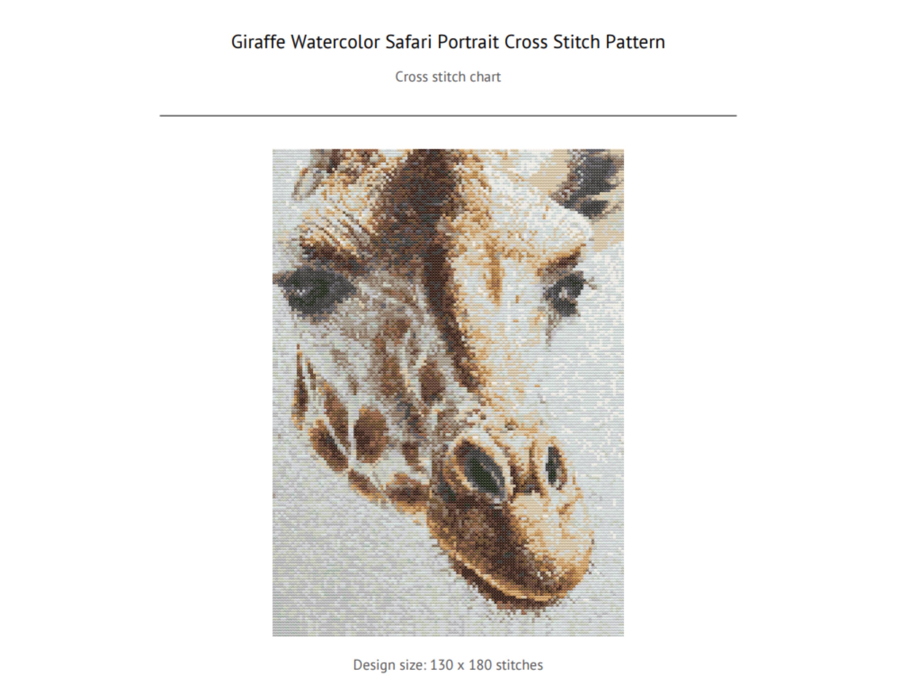 Giraffe Watercolor Safari Portrait Cross Stitch Pattern - South African Wildlife, Counted Cross Stitch, Embroidery PDF Design - Thumbnail 4