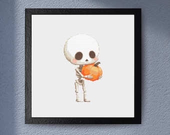 Cute Skeleton Holding Pumpkin Cross Stitch Pattern – Spooky Halloween PDF, Funny Gothic Skeleton Embroidery, Autumn Decor Cross Stitch