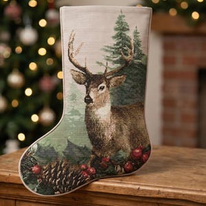 May include: A Christmas stocking made of woven fabric featuring a detailed image of a brown deer standing in a forest with green pine trees. The bottom of the stocking is decorated with dark green holly leaves, red berries, and a large brown pinecone.