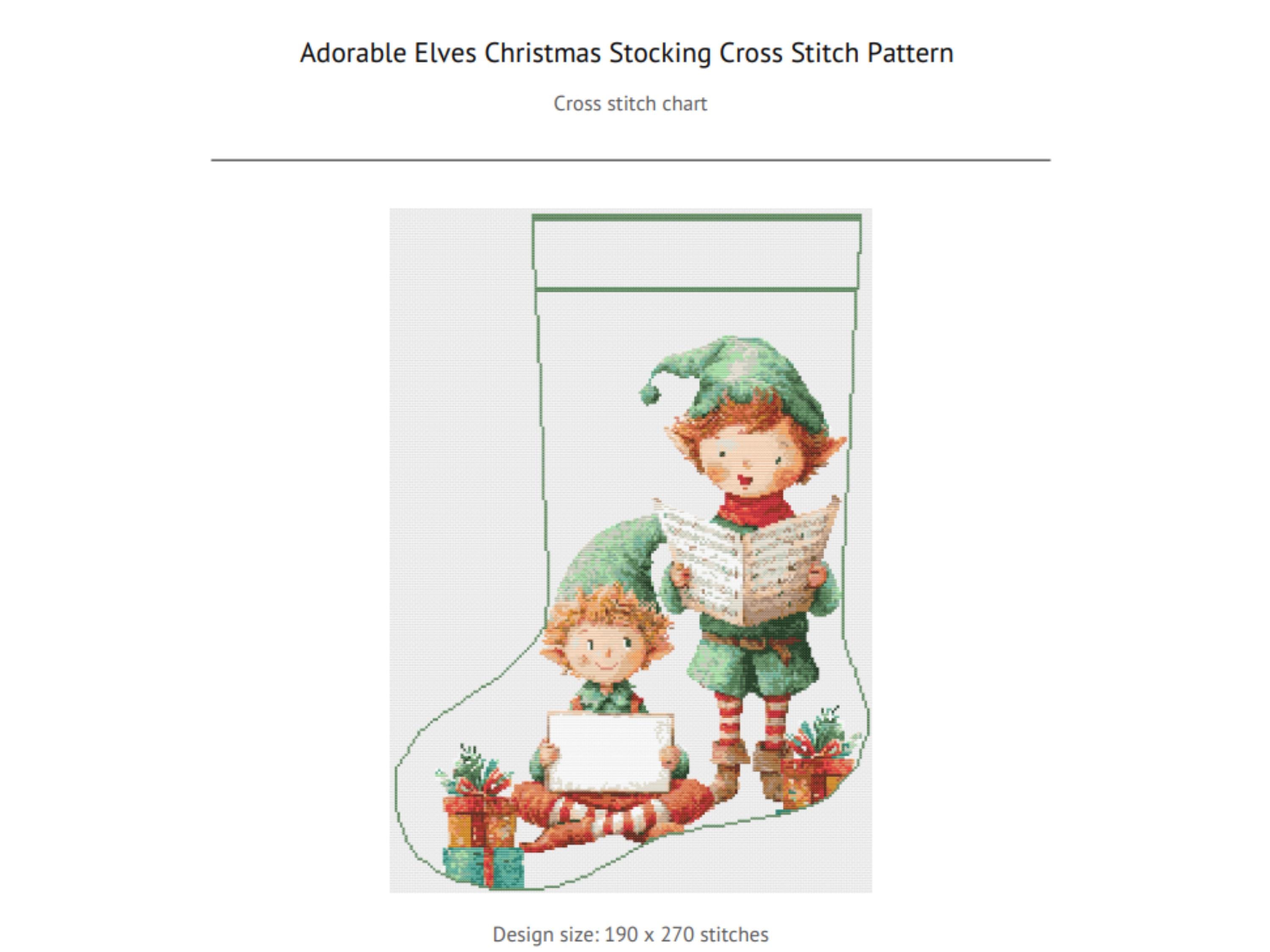 Christmas Stocking Cross Stitch Pattern  - Adorable Elves with Gifts & Music – Festive Holiday Embroidery for Personalized Handmade Decor - Thumbnail 4