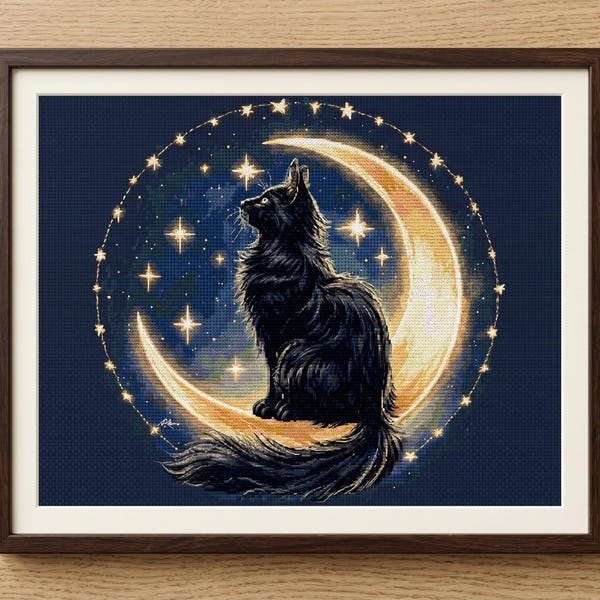 Black Cat in Crescent Moon Cross Stitch Pattern, Celestial Night Sky Gothic Wall Art, Fantasy Cat Lover Gift Decor