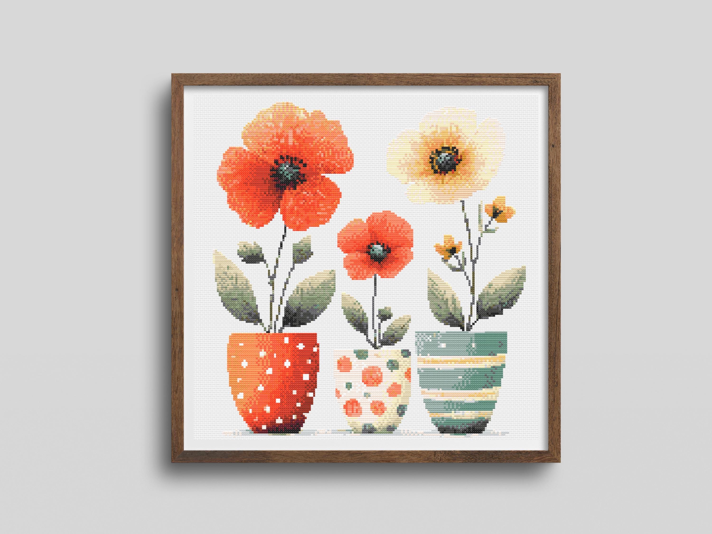 Poppy Cross Stitch Pattern Easy Floral Embroidery Design Modern Botanical Counted Chart PDF for Handmade Gift or Wall Art Download - Thumbnail 2
