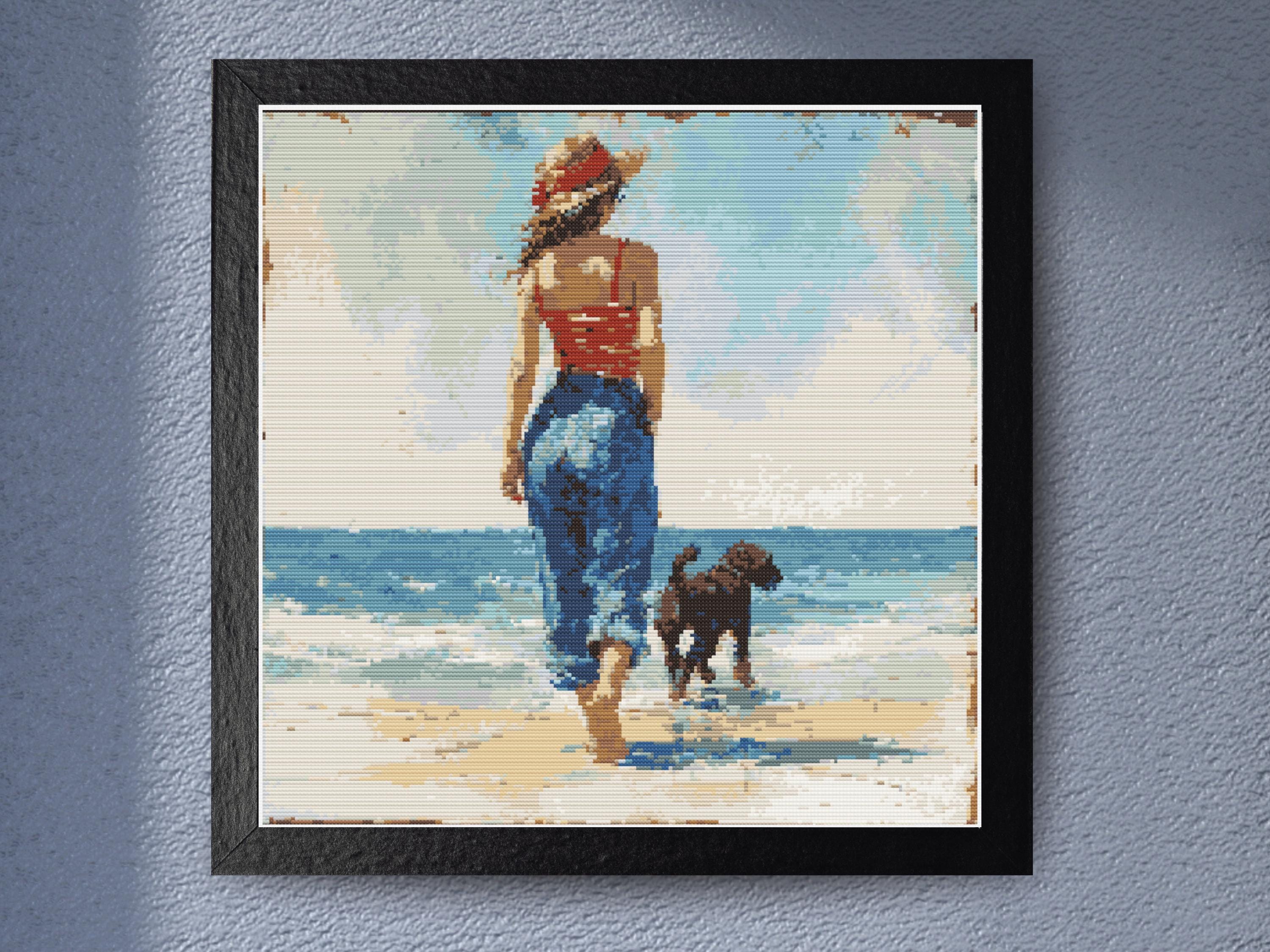 Beach Walk Cross Stitch Pattern Summer Coastal Stroll with Woman and Dog Ocean Embroidery PDF Download