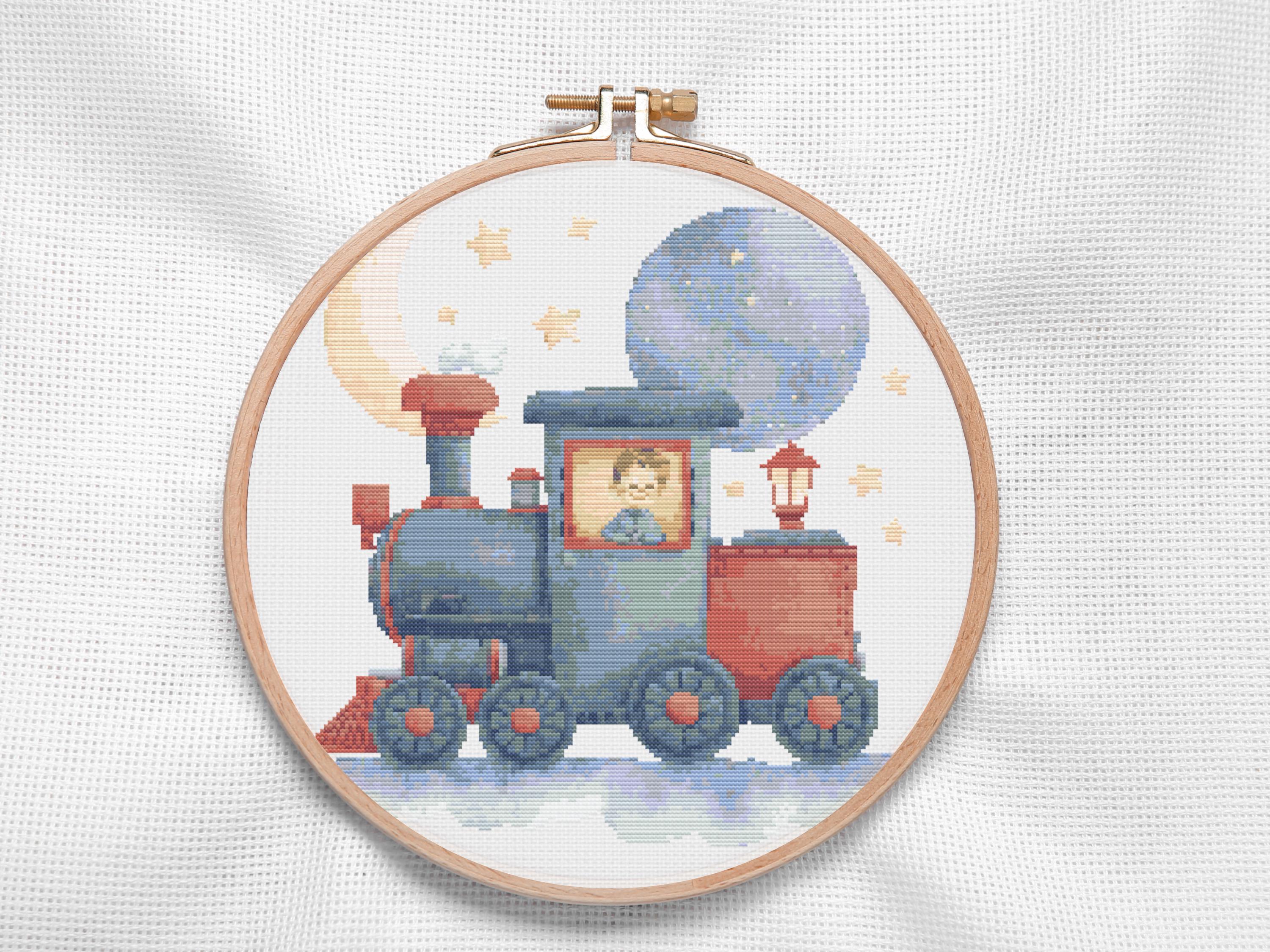 Train Cross Stitch Pattern - Whimsical Christmas Train with Moon & Stars, Holiday Baby Nursery Decor, Vintage Pattern PDF Download - Thumbnail 3