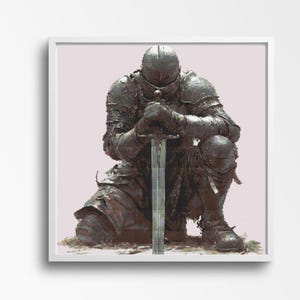 May include: A kneeling knight in armour with a sword, rendered in a pixelated style. The knight is wearing a dark grey helmet and armour, and the sword is silver.