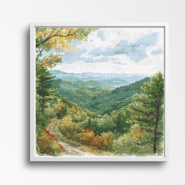 Blue Ridge Mountains geteld kruissteekpatroon, landschapsborduurontwerp, ambachtelijk aanbod, doe-het-zelfdecoratie, bergketen Shenandoah Vall