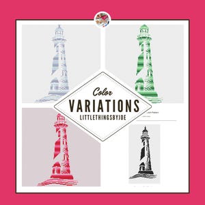 May include: A graphic featuring four lighthouse designs in various colors: blue, green, red, and black. The text "Color Variations" and "LittleThingsbyJoe" are displayed in a diamond-shaped frame. The image is set against a white background.