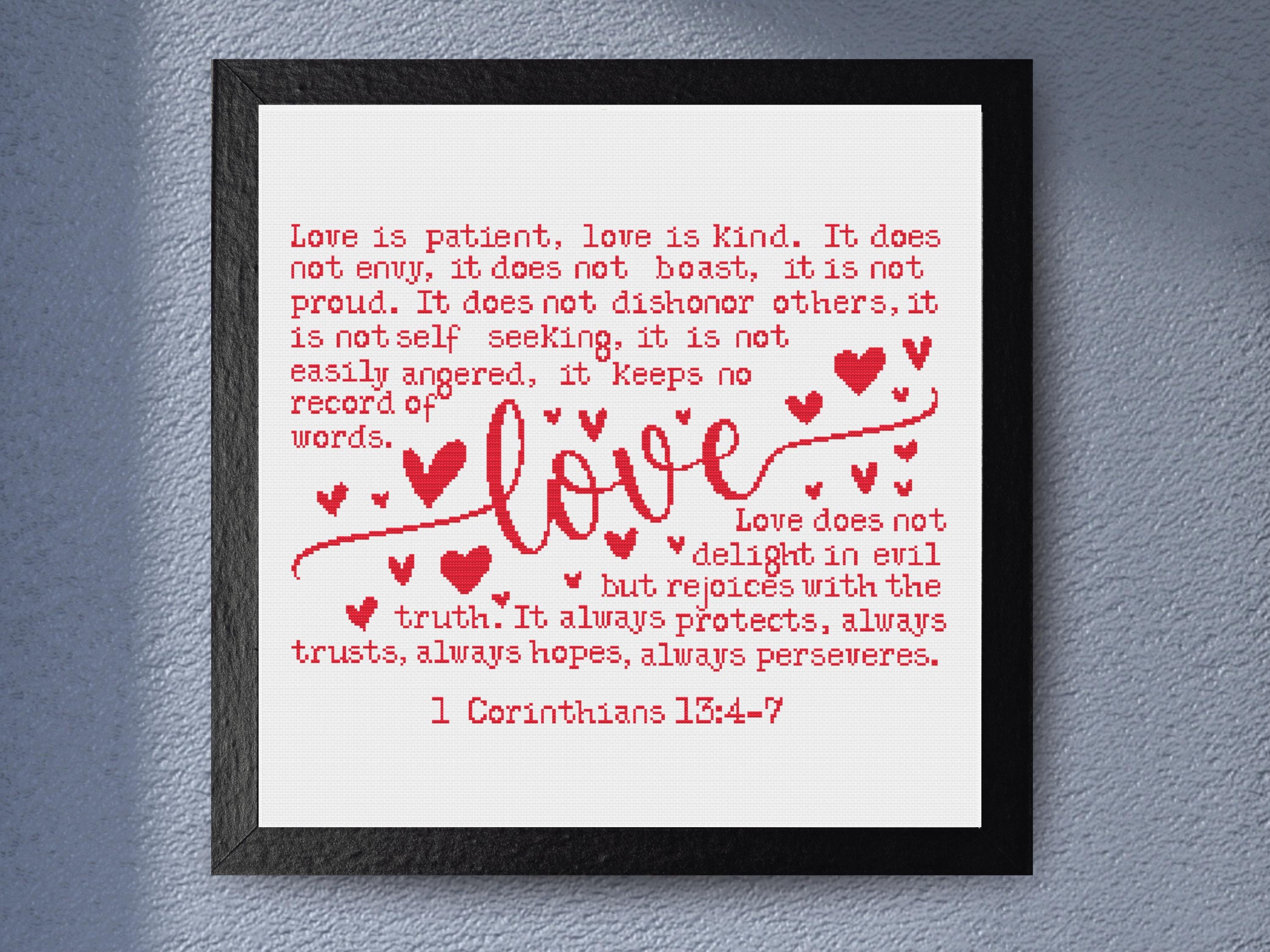 Love is Patient Love is Kind Bible Verse Cross Stitch Pattern Christian Scripture Wall Art Inspirational Heart Embroidery Design