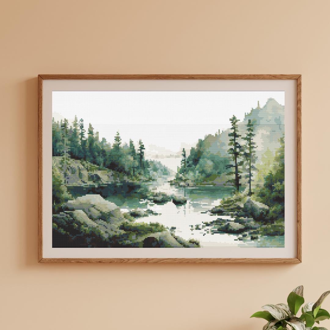 Cross Stitch Pattern - Nature's Serenity:  Watercolor Landscape - Forest River Mountains - Captivating Landscape Embroidery Pattern - Thumbnail 3