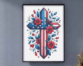 Patriotiskt blommigt korsstygnsmönster rött, vitt och blått kors med blommor Amerika behöver Jesus religiös dekor Instand PDF-nedladdning