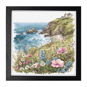 A picturesque view of a seaside cliff covered in vibrant wildflowers, leading to a charming house on the hill. The azure waters below crash gently against rocks, while a floral meadow in the foreground adds a burst of color and life to the scene.