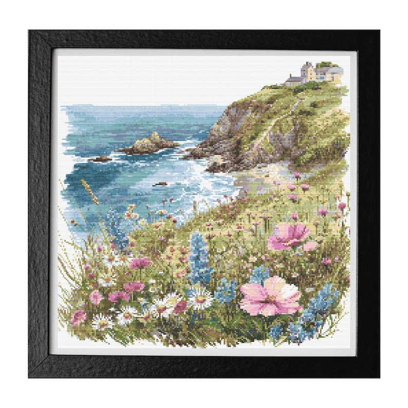 A picturesque view of a seaside cliff covered in vibrant wildflowers, leading to a charming house on the hill. The azure waters below crash gently against rocks, while a floral meadow in the foreground adds a burst of color and life to the scene.