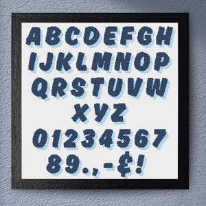May include: A framed alphabet poster with blue letters and numbers on a white background. The letters are in a bold, cartoon-style font with a light blue outline. The numbers are in the same style as the letters. The poster includes all the letters of the alphabet, the numbers 0-9, and the punctuation marks period, comma, hyphen, dollar sign, and exclamation point.