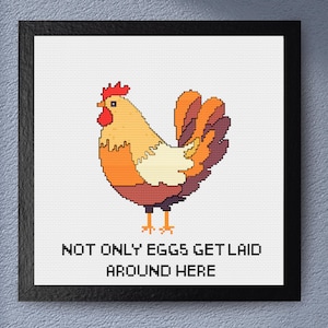 May include: Framed cross-stitch art featuring a colorful rooster with orange, yellow, and brown hues. The text "NOT ONLY EGGS GET LAID AROUND HERE" is below the rooster. The artwork is in a black frame.