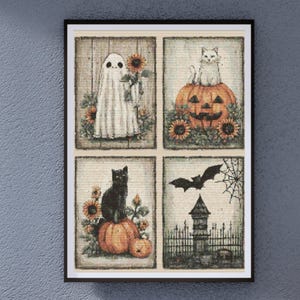 Peut inclure: Impression encadrée sur le thème d'Halloween, divisée en quatre panneaux. On y voit un fantôme avec des tournesols, un chat sur une citrouille, un chat noir sur une citrouille et une chauve-souris avec une maison hantée.
