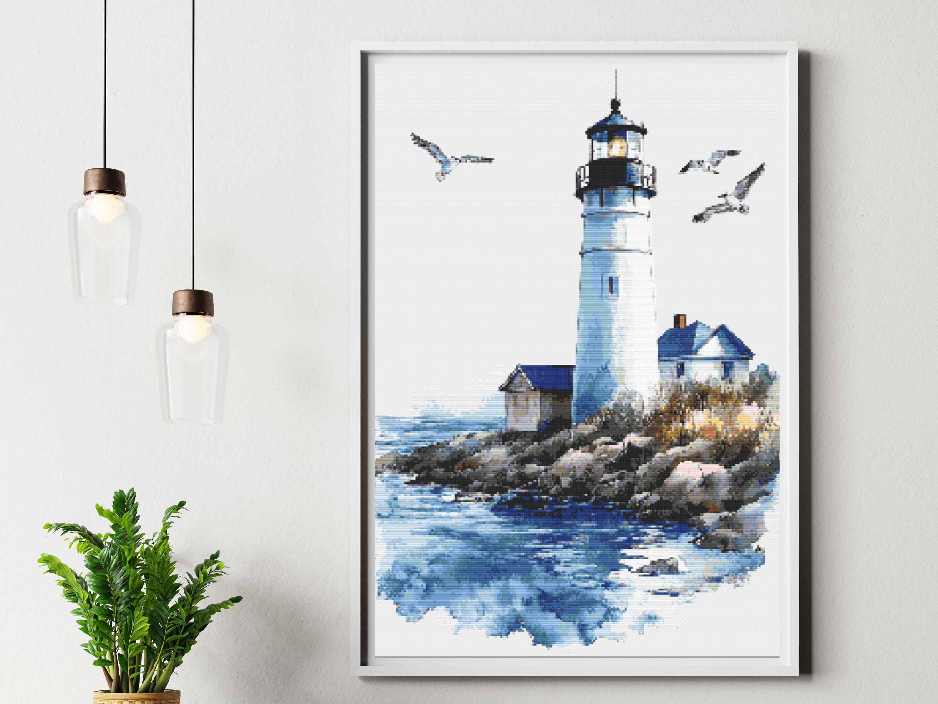 Lighthouse Cross Stitch Pattern - Coastal Ocean Scene with Seagulls and Seaside Rocks, Nautical Beach Home Embroidery for Tranquil Wall Art - Thumbnail 2