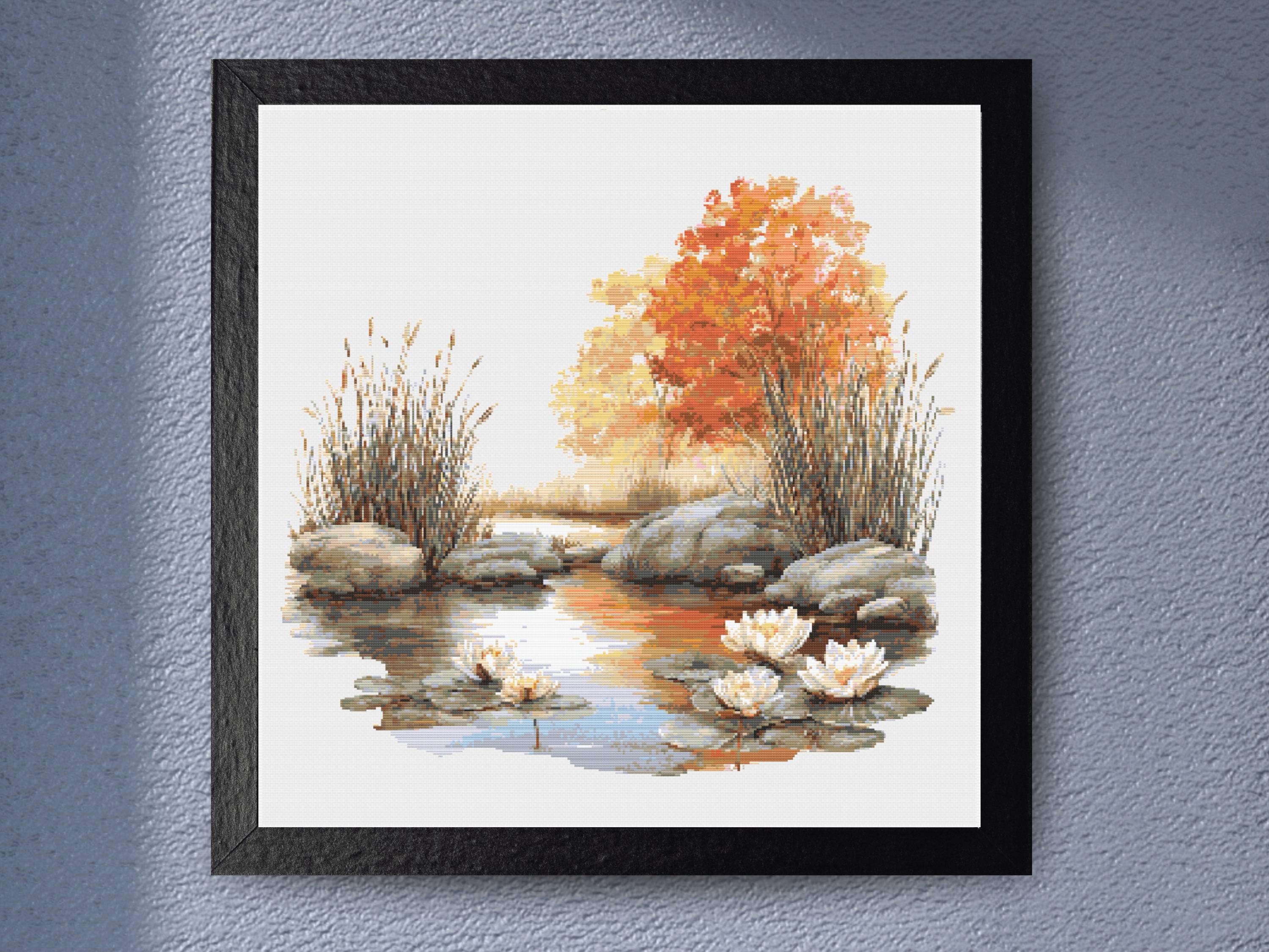 Peaceful Autumn Pond Scene Cross Stitch Pattern with Water Lilies, Reeds, and Vibrant Fall Foliage for Tranquil Home Decor