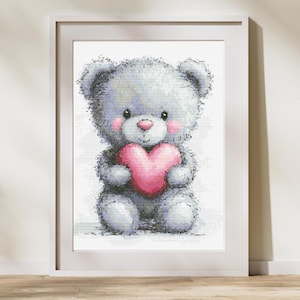 Cross Stitch Pattern, Adorable Teddy Bear Holding a Pink Heart - Cute Nursery Decor . Valentine Cross-Stitch Patterns
