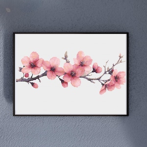 桜のクロスステッチパターン、春のインテリアにぴったりのエレガントな花柄デザイン - 穏やかな桜の刺繍の日本の花の壁アート