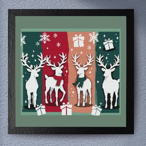 Christmas Reindeer Cross Stitch Pattern – Festive Winter Scene with Presents and Snowflakes – Holiday PDF Download, Embroidery Pattern