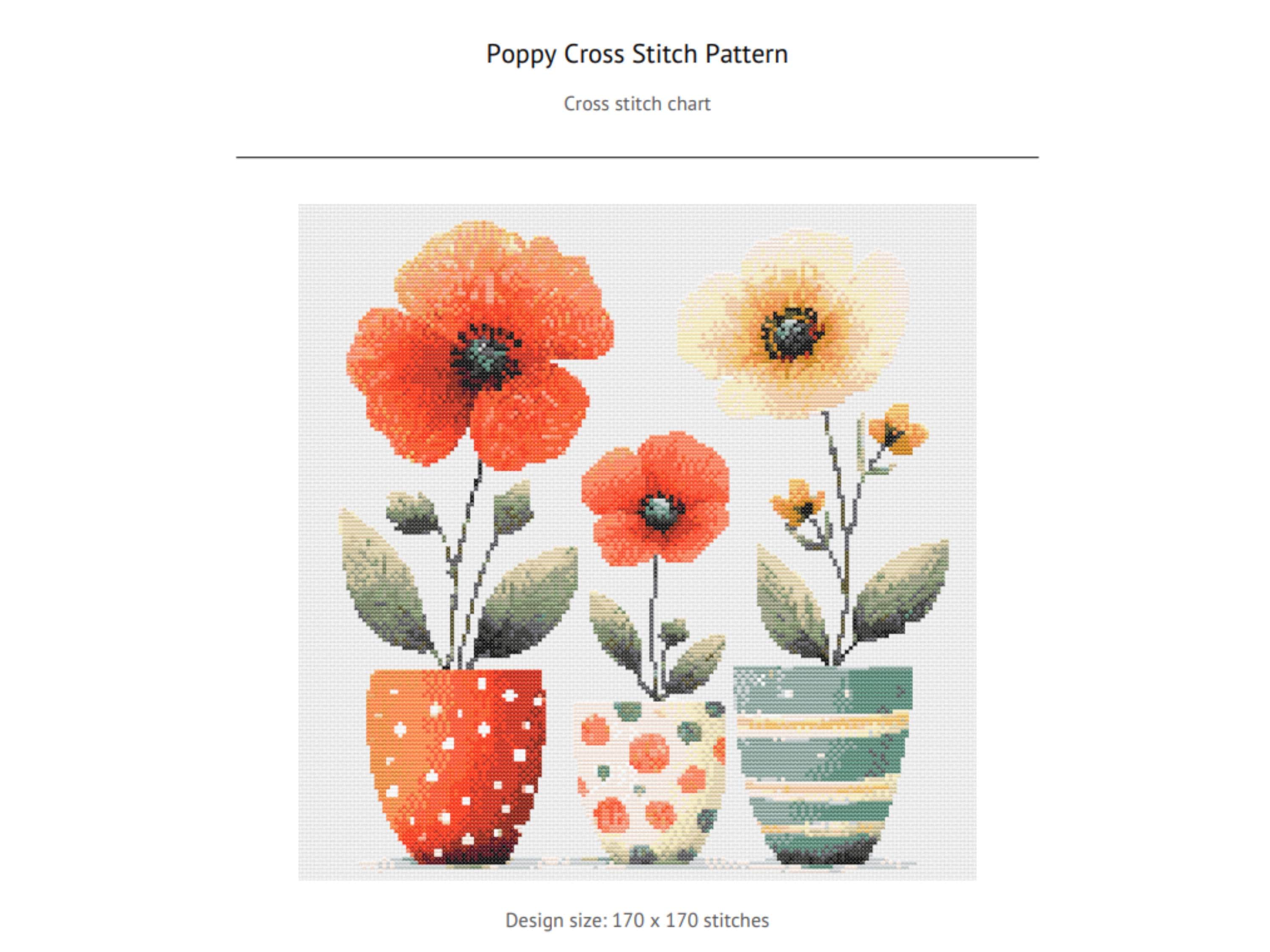 Poppy Cross Stitch Pattern Easy Floral Embroidery Design Modern Botanical Counted Chart PDF for Handmade Gift or Wall Art Download - Thumbnail 4