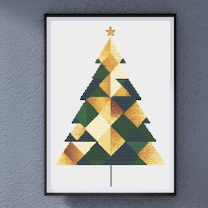 May include: A framed geometric Christmas tree design with gold and green triangles.