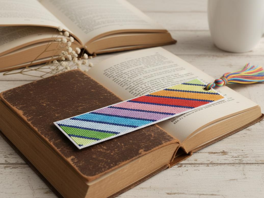 Boomark Cross Stitch Pattern, Rainbow Stripes with Navy Accents. Easy Beginner Friendly Pattern. Small Counted Cross Stitch. - Thumbnail 5