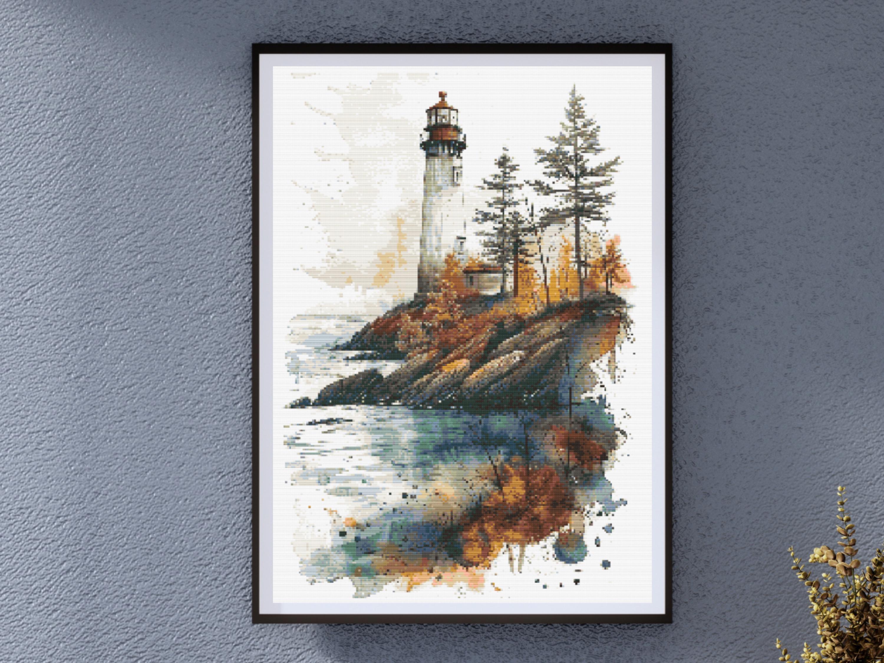 Coastal Beacon Guiding Light Amidst the Waves - Cross Stitch Pattern 200x300 Stitches. Counted Cross-Stitch. Beautiful Lighthouse on a Beach - Image 1