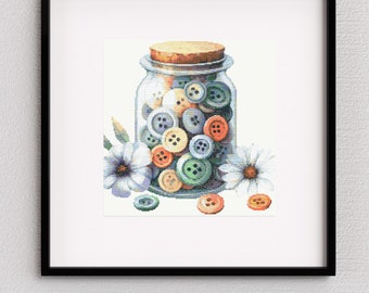 Buttons in a Bottle: A beautiful Jar filled with Buttons Cross-Stitch Pattern 200 x 183 Stitches Counted Cross Stitch