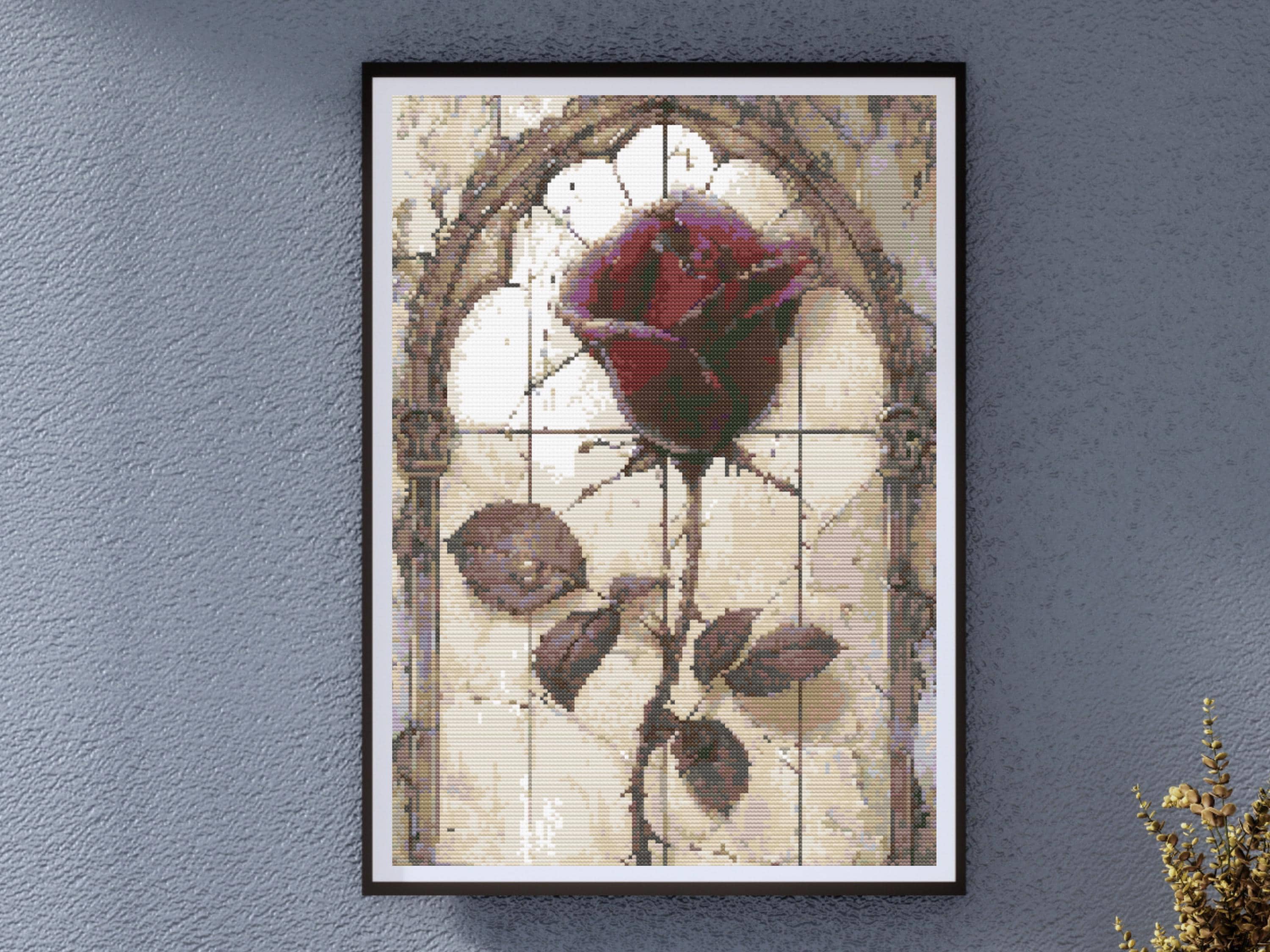 Antique Rose Cross Stitch Pattern - Vintage Floral Needlework Design .  Gothic Rose in a Cathedral Stainglass Window Setting - Image 1