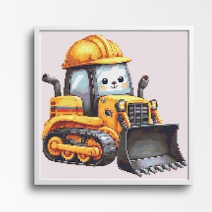 Peut inclure: Illustration encadrée d'un bulldozer de dessin animé coloré. Le bulldozer est principalement jaune avec des accents noirs et gris, portant un casque jaune. Le bulldozer a un visage amical et une grande pelle avant.