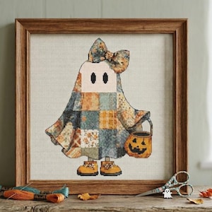 Korsstygnsmönster med spöken i lapptäcke: Cottagecore Halloween-höstdekor (PDF) bild 16