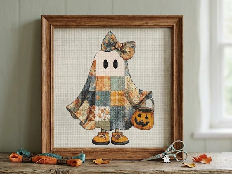 Korsstygnsmönster med spöken i lapptäcke: Cottagecore Halloween-höstdekor (PDF) bild 16