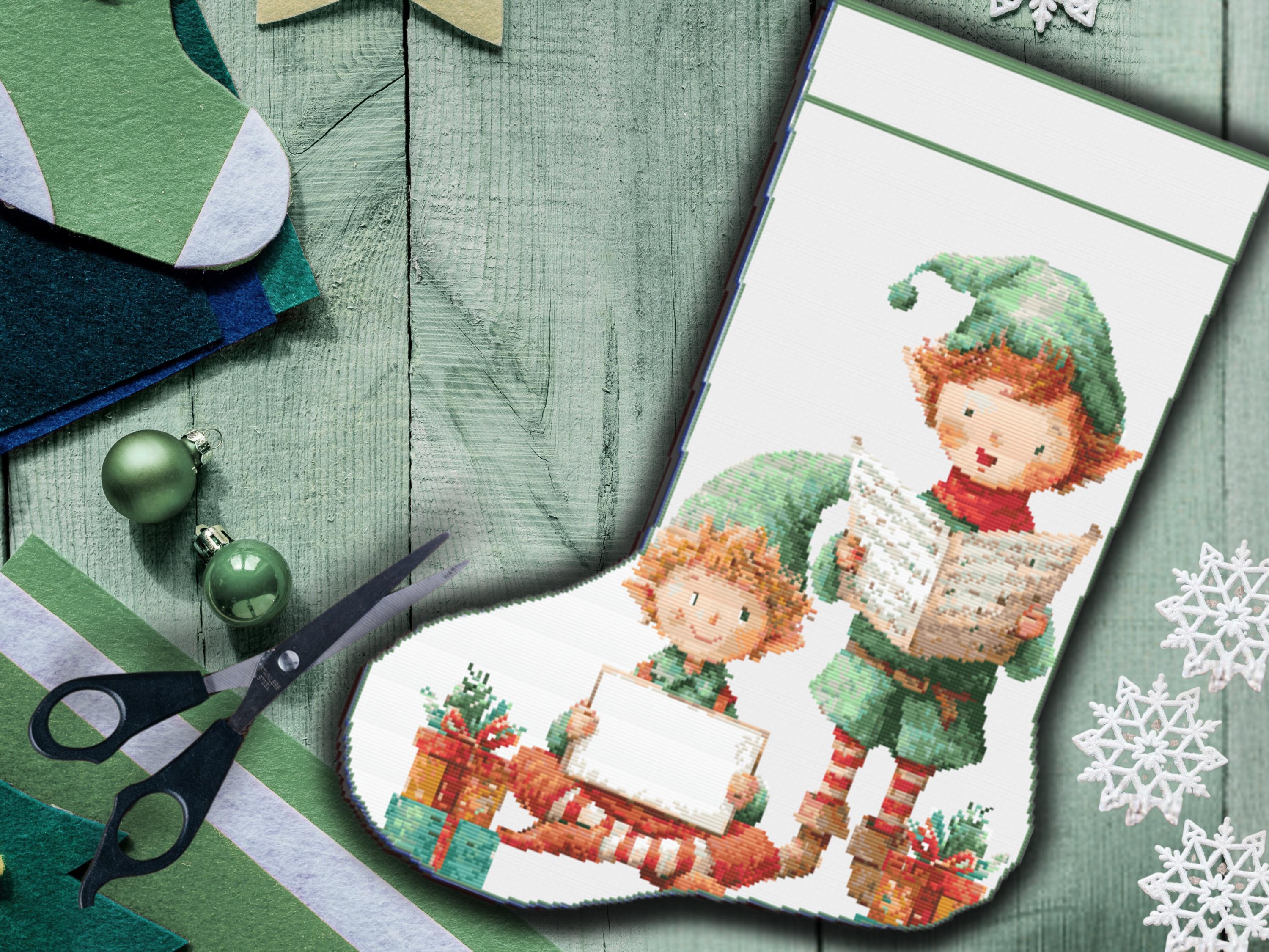 Christmas Stocking Cross Stitch Pattern  - Adorable Elves with Gifts & Music – Festive Holiday Embroidery for Personalized Handmade Decor