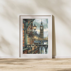 May include: A framed painting of Big Ben, the iconic clock tower in London, England. The painting depicts a view of the River Thames with a bridge and a street lamp in the foreground. The painting is done in a realistic style with muted colours.
