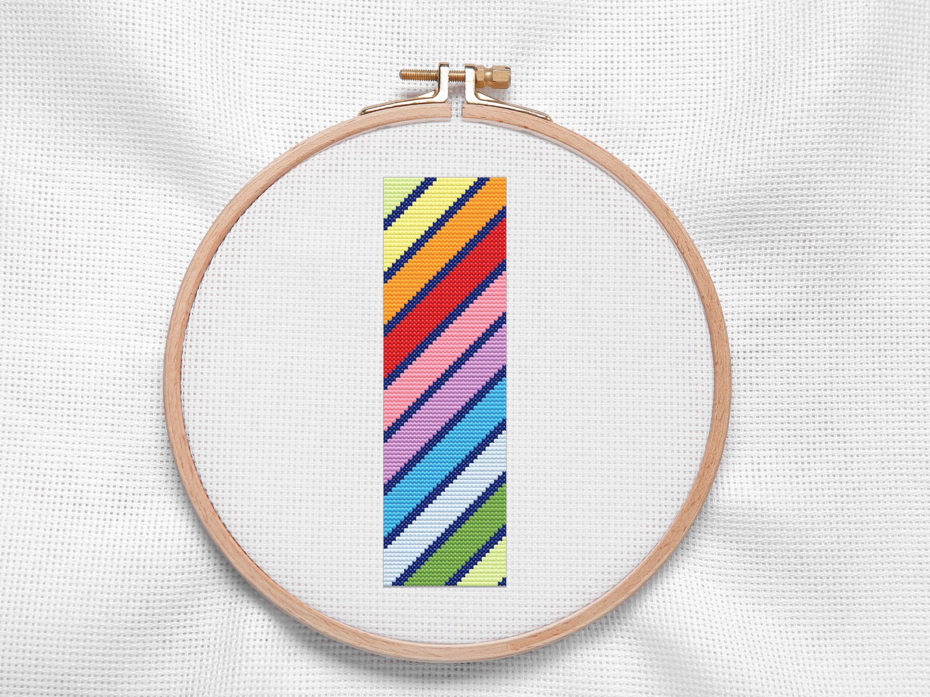 Boomark Cross Stitch Pattern, Rainbow Stripes with Navy Accents. Easy Beginner Friendly Pattern. Small Counted Cross Stitch.