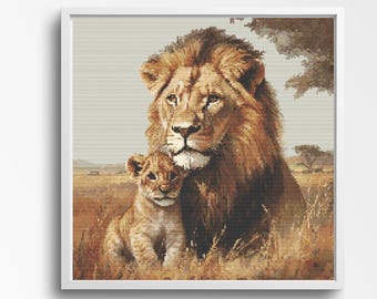 Lion and Cub Cross Stitch Pattern, Unique African Animal Decor, Wildlife Design, Craft Your Wild Adventure.