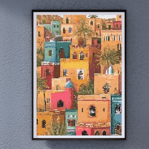Marokkanisches Stadt Kreuzstich Muster - Bunte Medina Häuser im nordafrikanischen Stil, ohne Rückstich Stickerei, lebendige urbane DIY Wandkunst