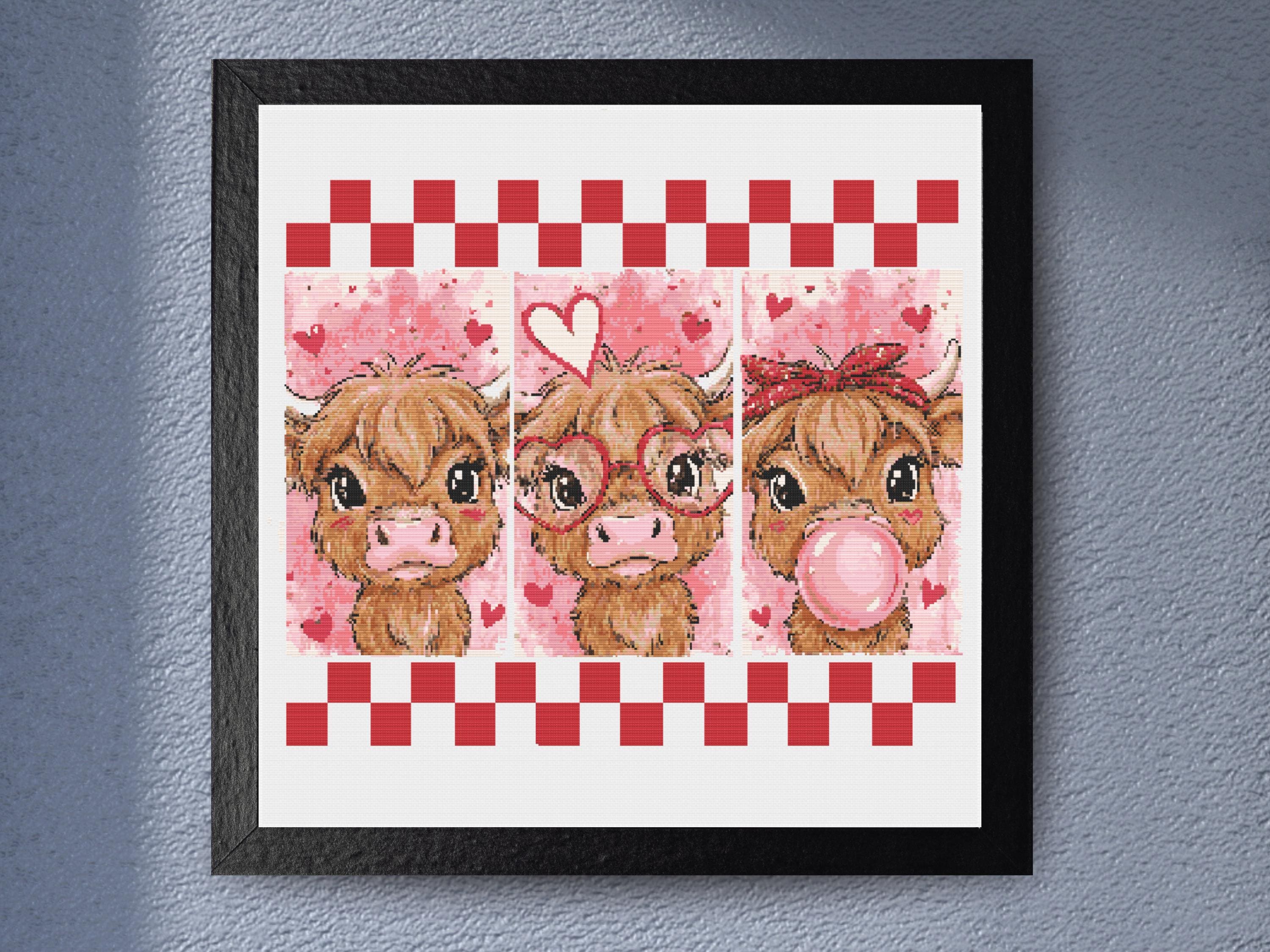 Highland Cow Valentine Cross Stitch Patter,  Bubblegum Love Glasses Hearts Bandana Cute Pink Nursery Decor PDF