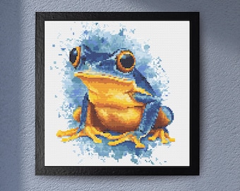 Vibrant Frog Cross Stitch Pattern with Blue and Gold Tones for Unique Nature-Inspired Wall Art Home Décor Embroidery PDF