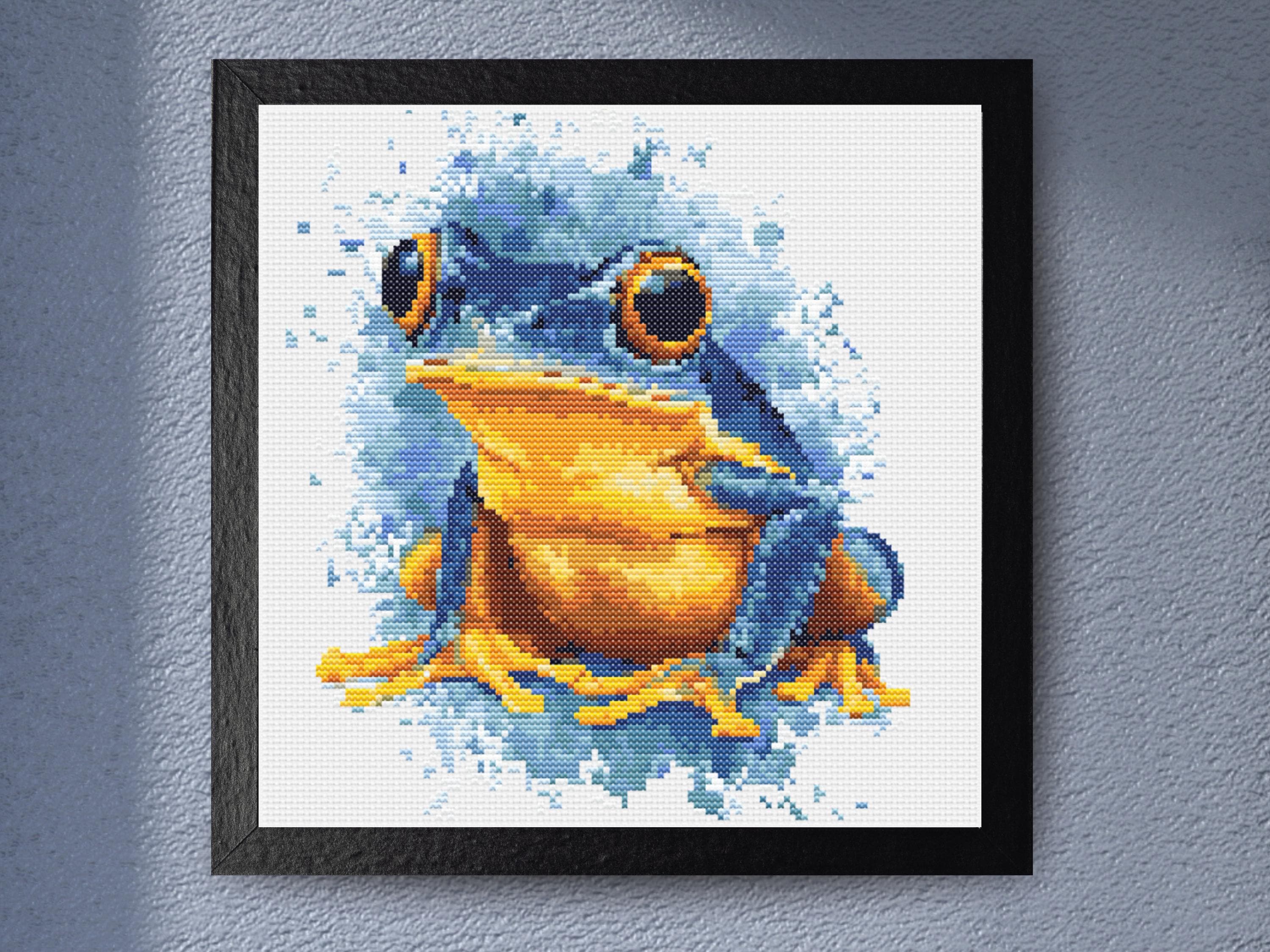 Vibrant Frog Cross Stitch Pattern with Blue and Gold Tones for Unique Nature-Inspired Wall Art Home Décor Embroidery PDF