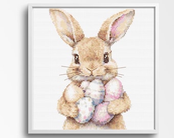 Cross Stitch Pattern, Easter Bunny Holding Painted Eggs, Modern Cross Stitch Design Easter Embroidery Pattern, Spring Cross Stitch Pattern