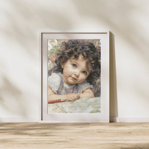 May include: A framed painting of a young girl with curly brown hair, wearing a purple and white dress, looking up and to the right. The background is a blurred image of flowers and greenery.