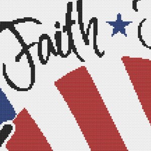 Hand-lettered cross stitch pattern featuring a heart-shaped American flag design in bold red, white, and navy blue. The perfect sentimental project for framing as patriotic wall art or stitching as a meaningful handmade gift for Memorial Day or July 4th.