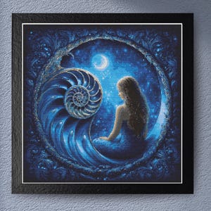 以下が含まれることがあります： 青いドレスを着た女性が、天上のシーンに座っている額装されたアートワーク。大きなオウムガイの殻と三日月が特徴的です。このアートワークは主に青色で、金色のアクセントがあり、穏やかで神秘的な雰囲気を作り出しています。