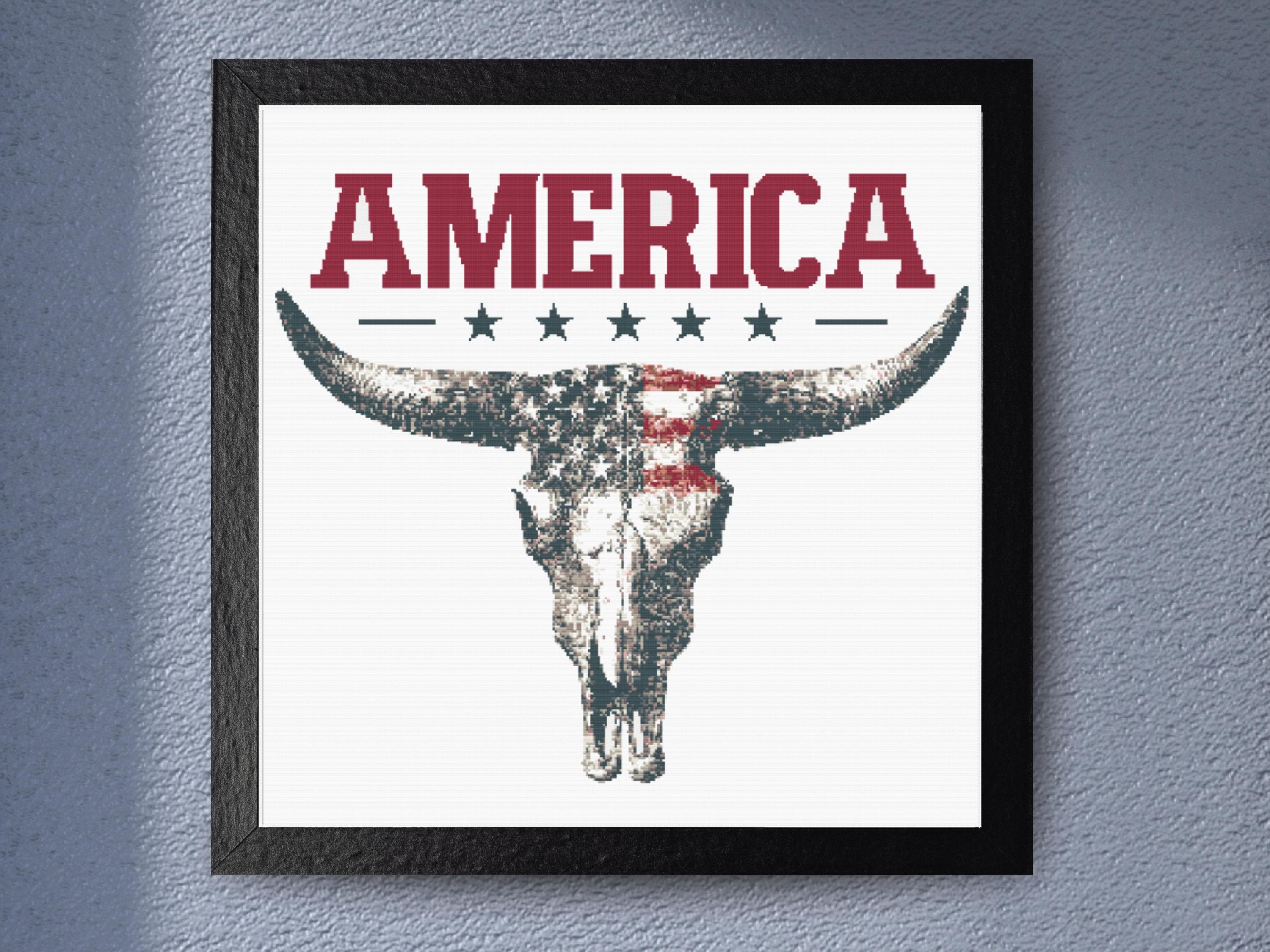 Patriotic Bull Skull Cross Stitch Pattern, American Flag, Rustic Western HomeDecor PDF Download Modern Embroidery Art